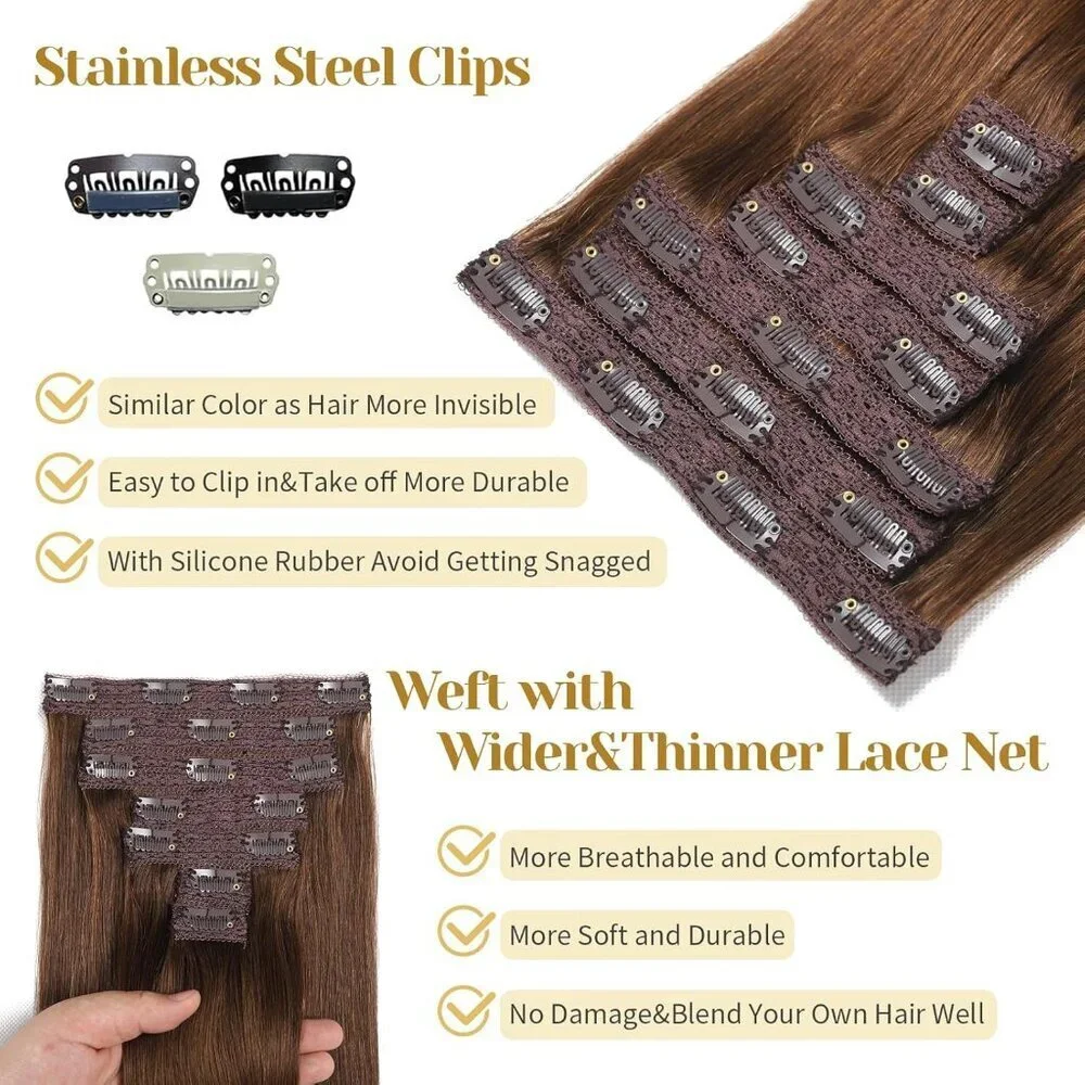 Clip in Hair Extensions Human Hair Straight 14 Inch 7pcs for Women
